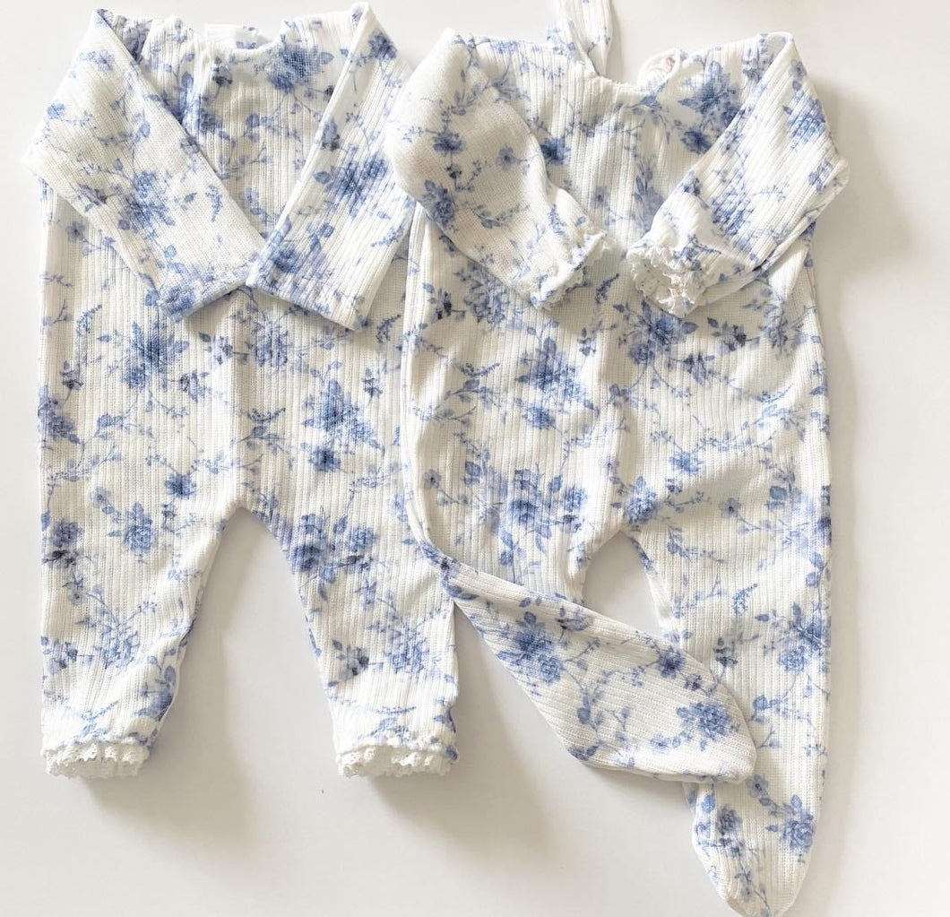 Newborn Blue floral footie romper